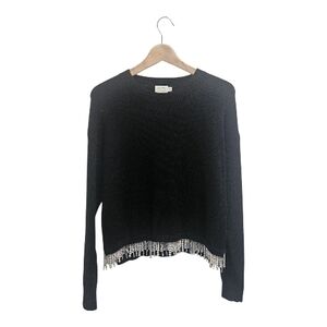 Women's Crewneck Black Size M Sweater Pullover with Pearl Detail Hem